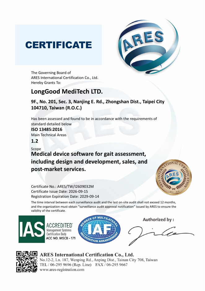 LongGood MediTech Ltd. ISO 13485:2016 certificate, No. ARES/TW/I2609032M